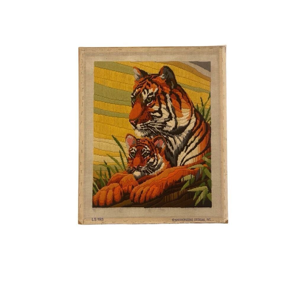 Vintage Crewel Tiger XL Yarn Embroidery Finished art Piece retro 70s style RARE